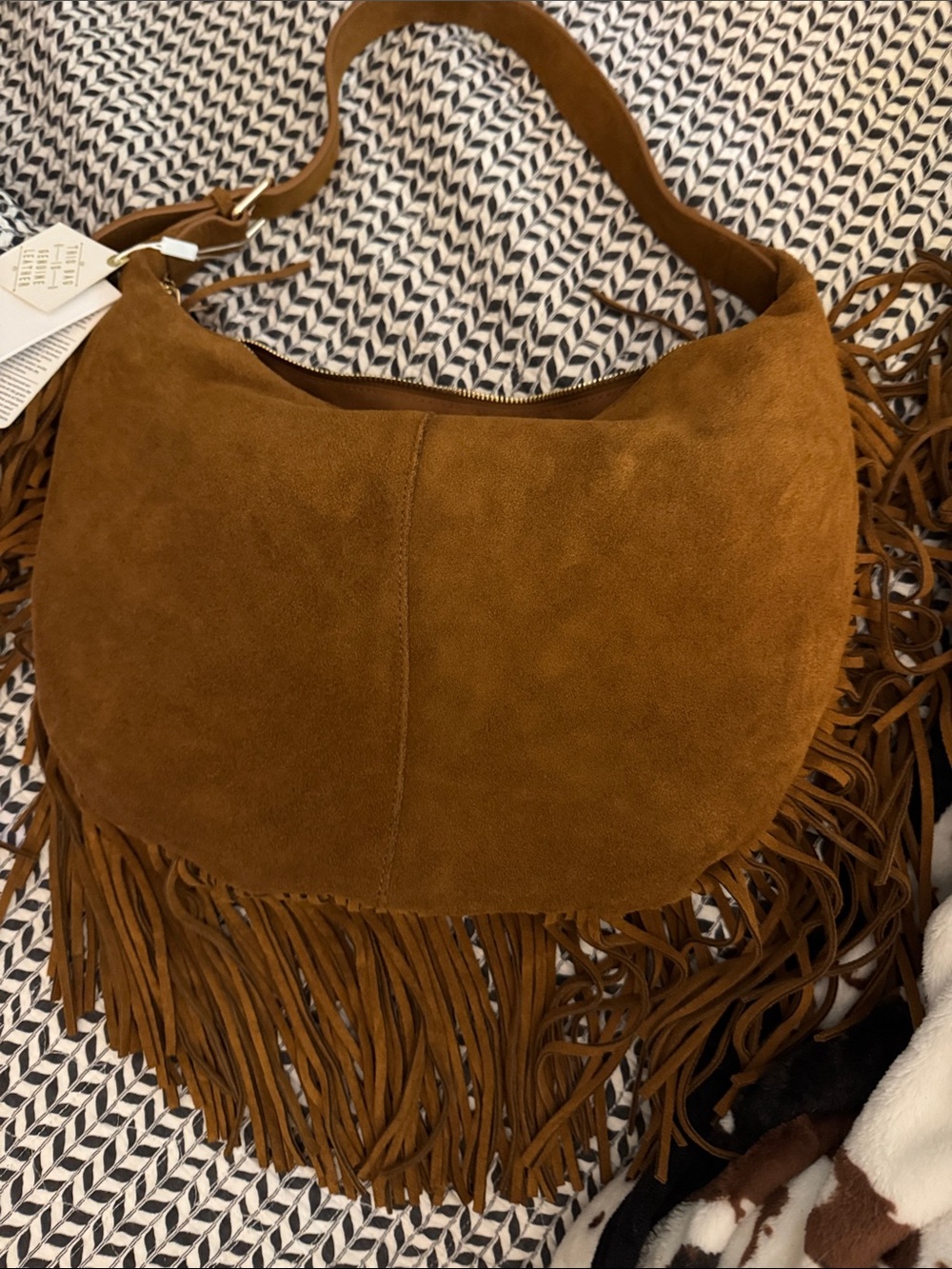 Made Luxe Suede Fringe Shoulder hobo Bag in Chestnut Brown